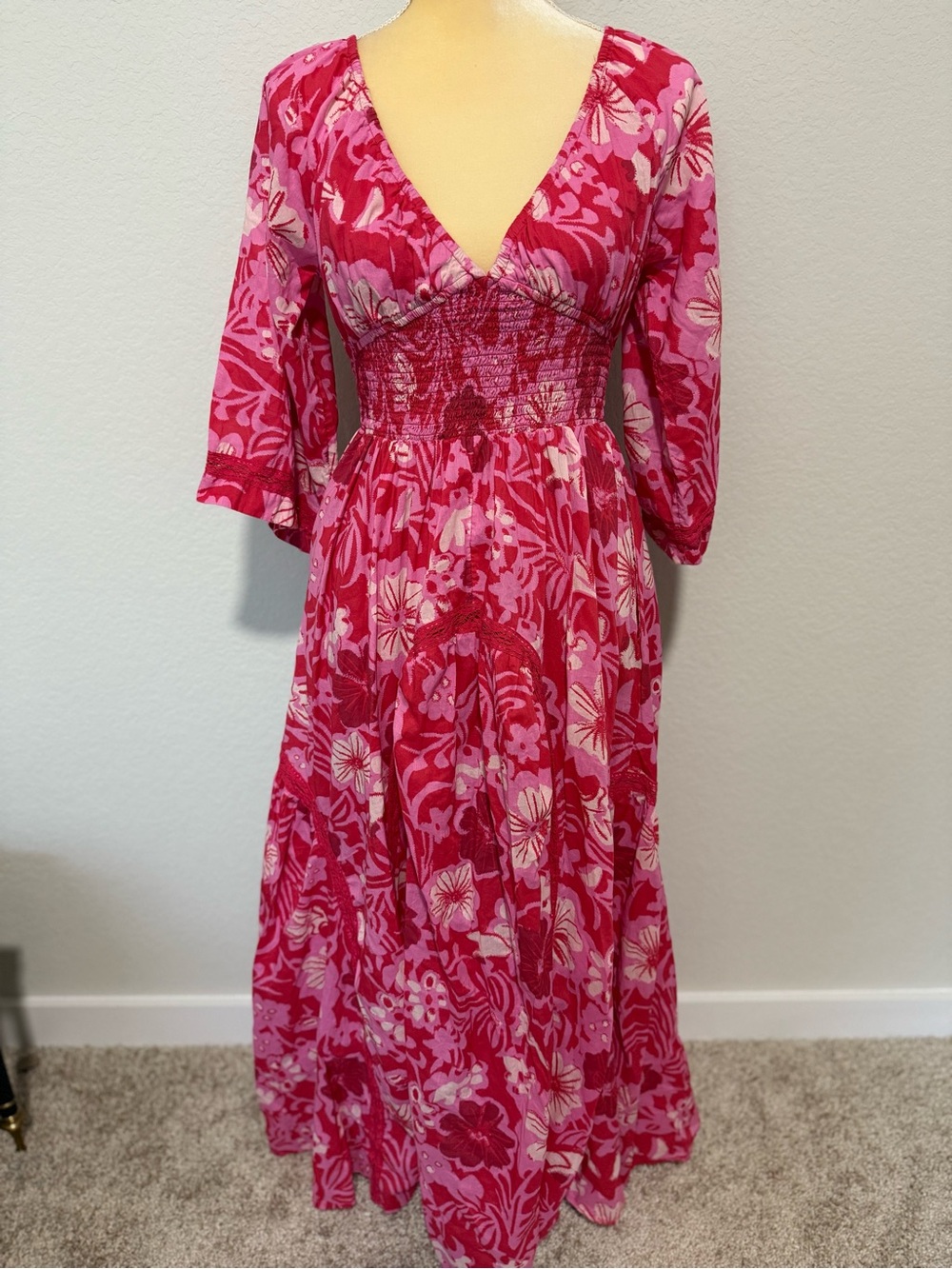 Free People Hot Pink & Light Pink Floral Maxi Dress NWOT size XS - Picture 2 of 14